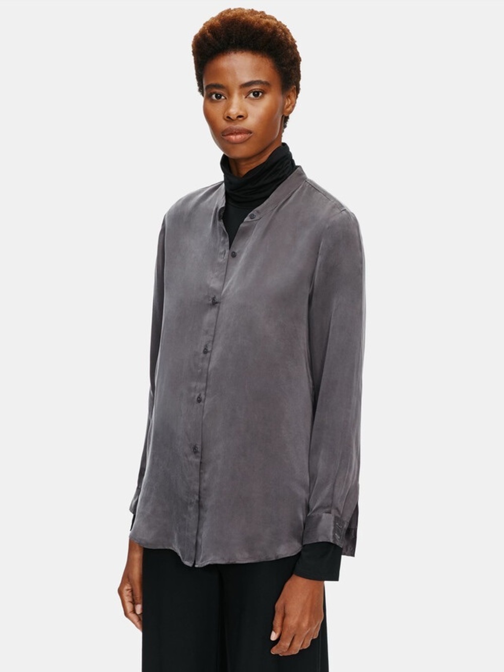 EILEEN FISHER - SANDWASHED 100% Cuprio Blouse. Charcoal. Darker in person. XS